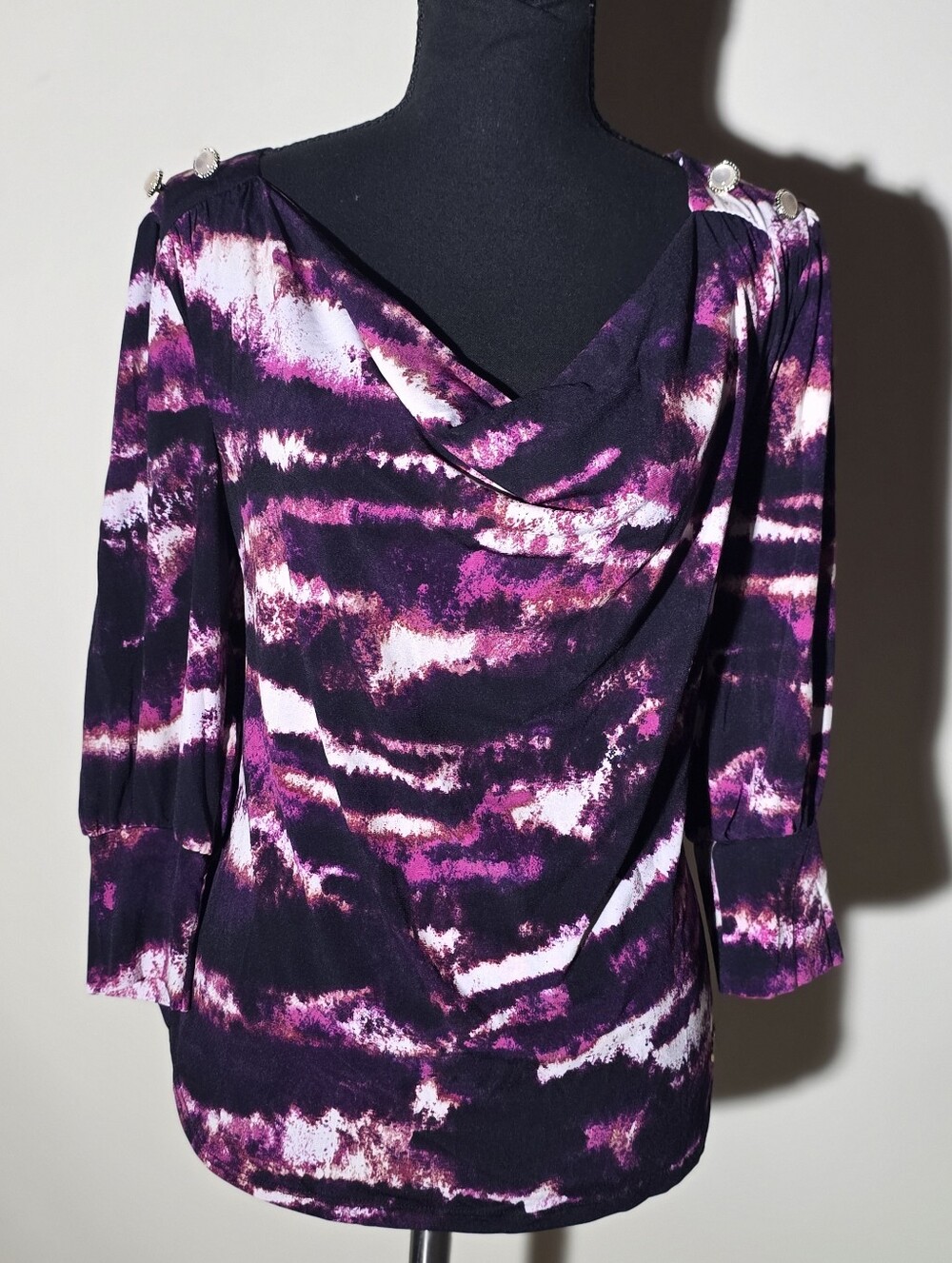 Adrienne Vittadini Black and Purple Cowl Neck Top with Shoulder Buttons (Size M)